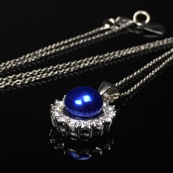 925 Silver Blue Pearl CZ Crystal Pendant Necklace - Picture 4 of 7